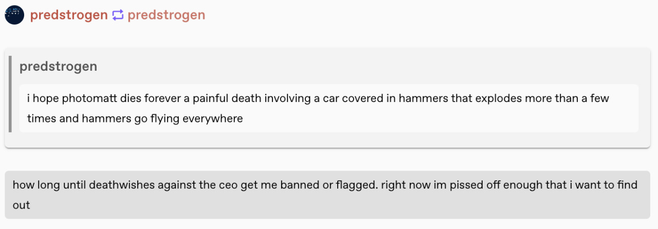 Image of post by predstrogen reading “i hope photomatt dies forever a painful death involving a car covered in hammers that explodes more than a few times and hammers go flying anywhere” reblogged by predstrogen with the text “how long until deathwishes against the ceo get me banned or flagged. right now im pissed off enough that i want to find out”